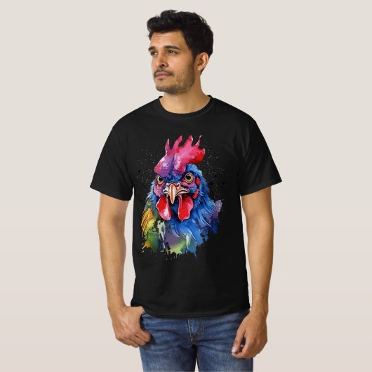 Country Rooster Chicken Waterverf Stijl T-shirt (Voorkant volledig)