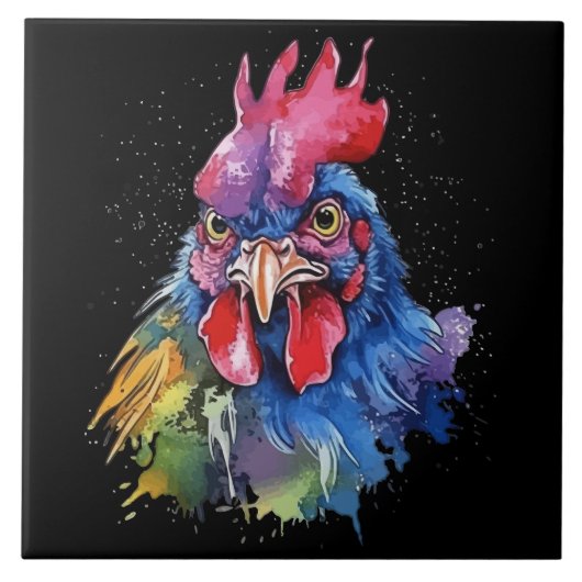 Country Rooster Chicken Waterverf Stijl Tegeltje (Voorkant)