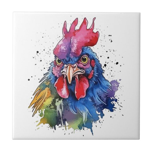 Country Rooster Chicken Waterverf Stijl Tegeltje (Voorkant)