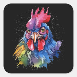 Country Rooster Chicken Waterverf Stijl Vierkante Sticker