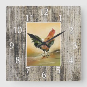 Country Rooster Rustic Wood Farmhouse Vierkante Klok