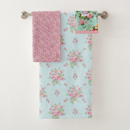 Country Roze en Blauw Bloemen Handdoek Set