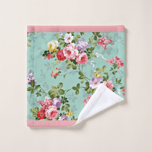Country Roze en Blauw Bloemen Handdoek Set (Wasdoekje)