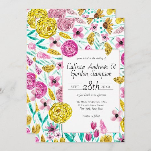 Country Roze Geel Bloemen Waterverf bruiloft Kaart (Voorkant / Achterkant)