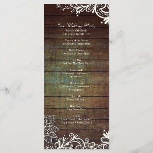 Country Rustic Barnwood Lace Wedding Programma Programmakaart (Achterkant)