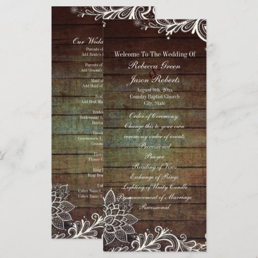 Country Rustic Barnwood Lace Wedding Programma Programmakaart (Voorkant / Achterkant)