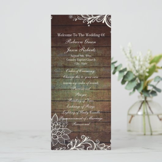Country Rustic Barnwood Lace Wedding Programma Programmakaart (Staand voorkant)