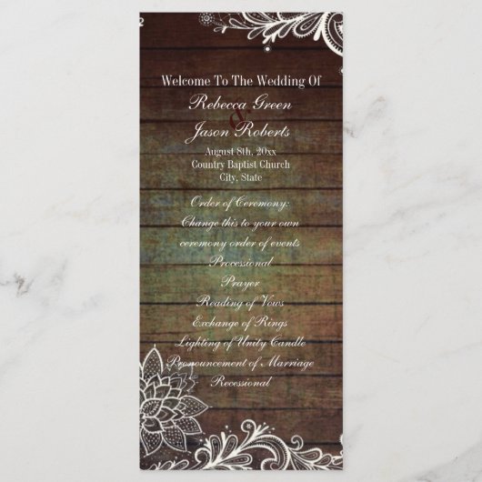 Country Rustic Barnwood Lace Wedding Programma Programmakaart (Voorkant)