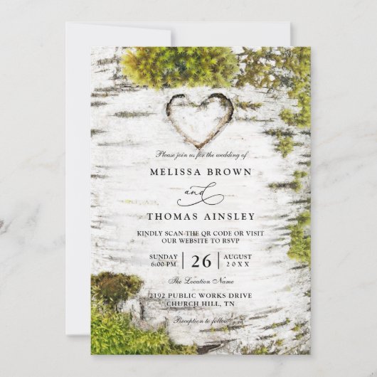 Country Rustic Birch Tree Bark QR Code Wedding Kaart (Voorkant)
