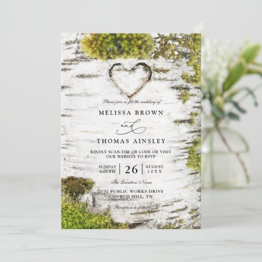 Country Rustic Birch Tree Bark QR Code Wedding Kaart (Staand voorkant)
