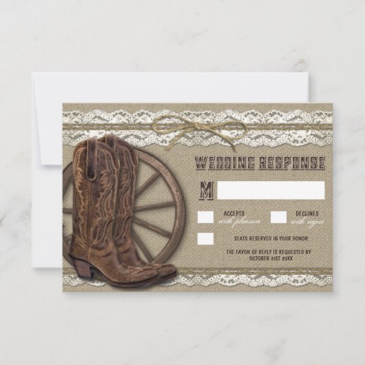 Country Rustic Burlap and Lace Wedding RSVP Kaarte (Voorkant)