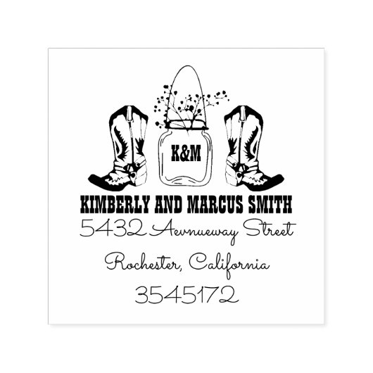 Country Rustic Cowboy laarzen Mason Jar Zelfinktende Stempel (Design)