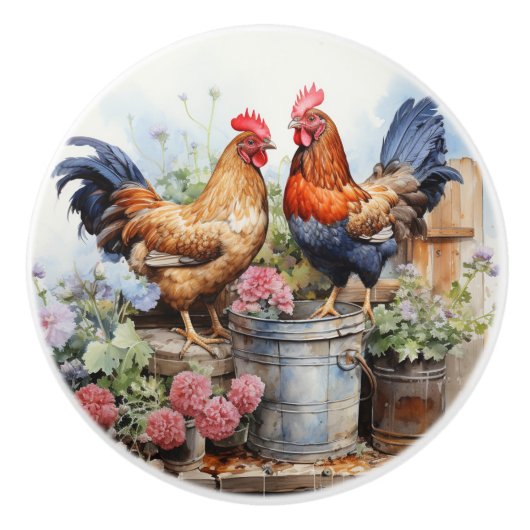 Country Rustic Haan Hen Red Geraniums Tin Pail Keramische Knop (Voorkant)