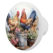 Country Rustic Haan Hen Red Geraniums Tin Pail Keramische Knop (Rechts)