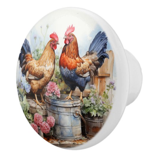 Country Rustic Haan Hen Red Geraniums Tin Pail Keramische Knop