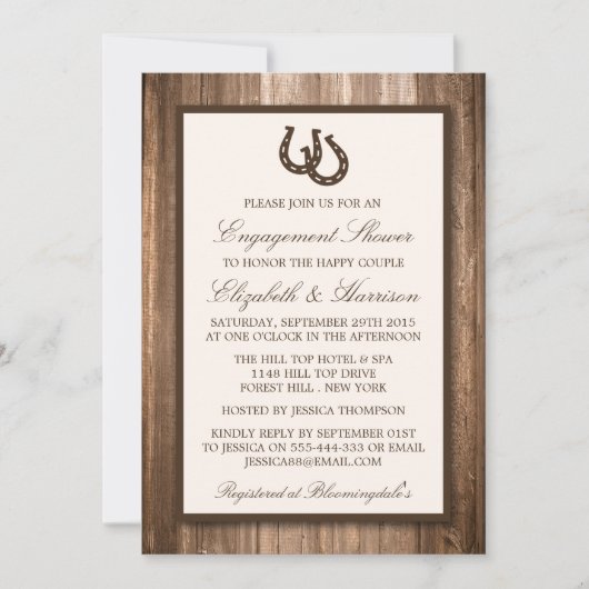 Country Rustic Hoefijzer Bruin Hout Verloving Kaart (Voorkant)