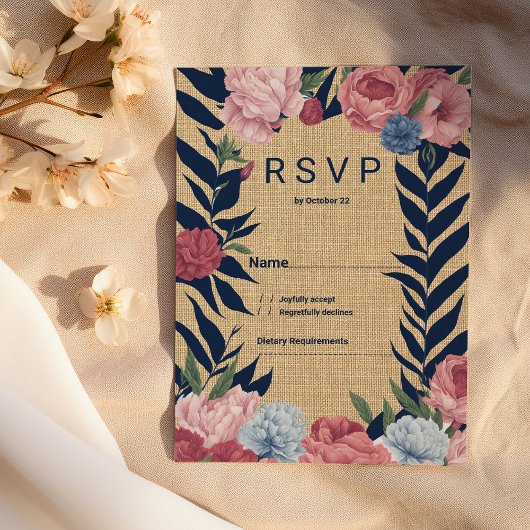 Country rustic ivory navy blue pink floral RSVP Kaart