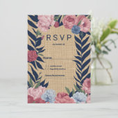 Country rustic ivory navy blue pink floral RSVP Kaart (Staand voorkant)