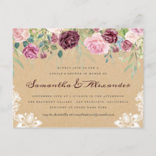 Country Rustic Kraft Kant Bloemen Paar Douche Uitnodiging Briefkaart