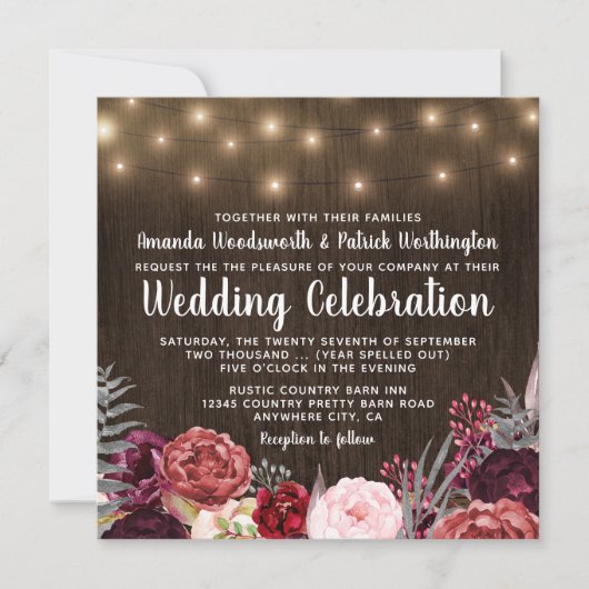 Country Rustic Marsala Pioen Bruiloft Uitnodiginge Kaart (Voorkant)