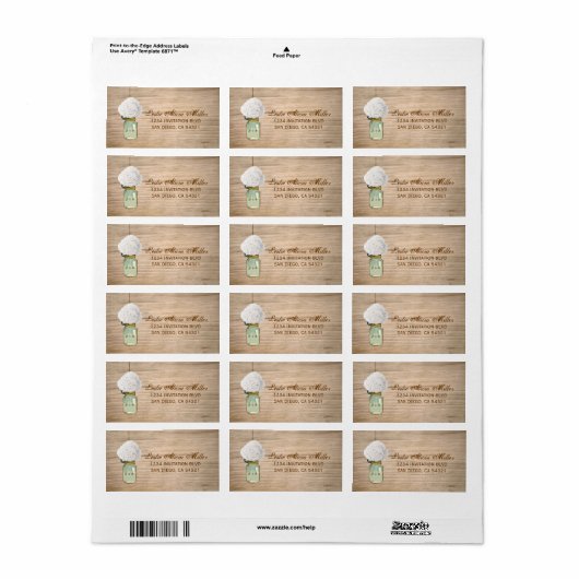 Country Rustic Mason Jar Hydrangea Adresetiketten Etiket (Full Sheet)