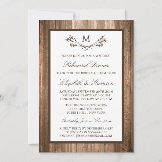 Country Rustic Monogram Tak Repetitie Diner Kaart (Voorkant)