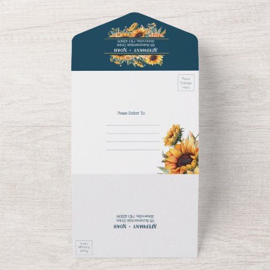 Country Rustic Navy Blauw Goud Zonnebloem Huwelijk All In One Uitnodiging (Buitenkant)