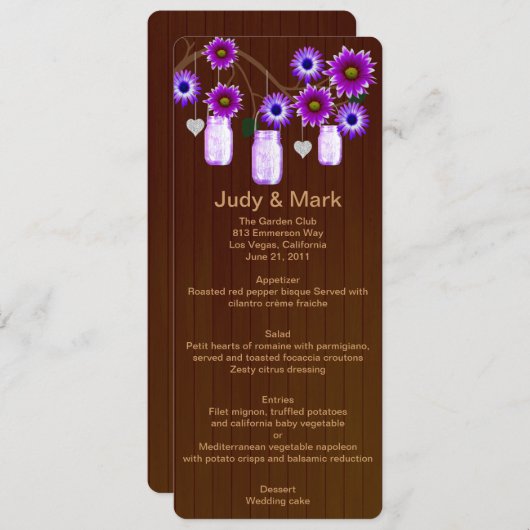 Country Rustic Paarse Mason Jars Bruiloft Menu Kaa (Voorkant / Achterkant)
