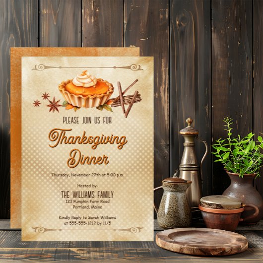Country Rustic Pumpkin Pie Thanksgiving Dinner Kaart