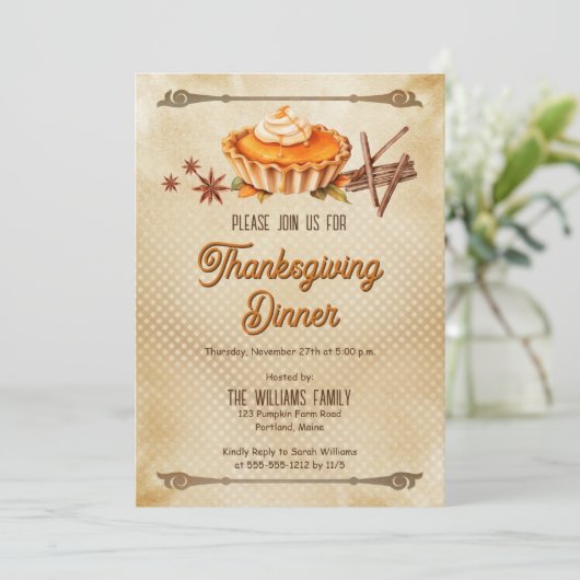 Country Rustic Pumpkin Pie Thanksgiving Dinner Kaart (Staand voorkant)