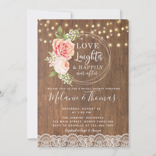 Country Rustic Roos Lace Bruids Douche Uitnodiging (Voorkant)