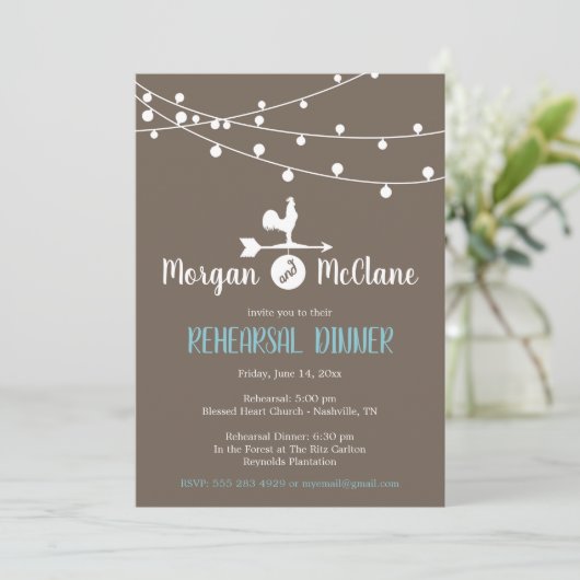 Country Rustic Rooster Repetitie Diner Uitnodiging (Staand voorkant)