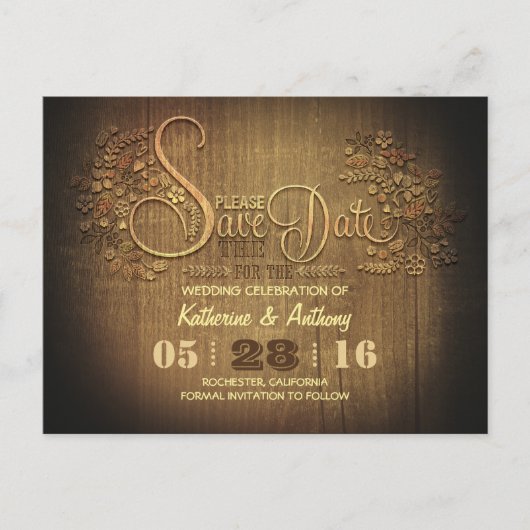 Country Rustic Save the Date briefkaart Houten (Voorkant)