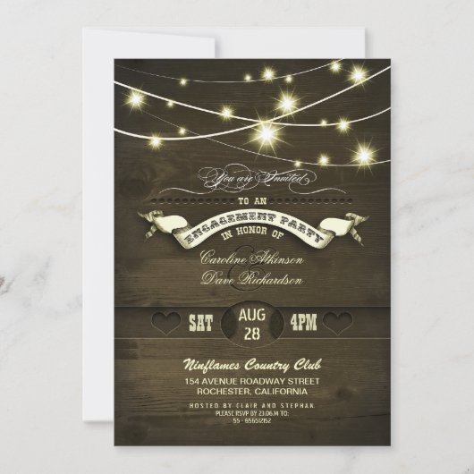 Country Rustic String Lights Wood Engagement Party Kaart (Voorkant)