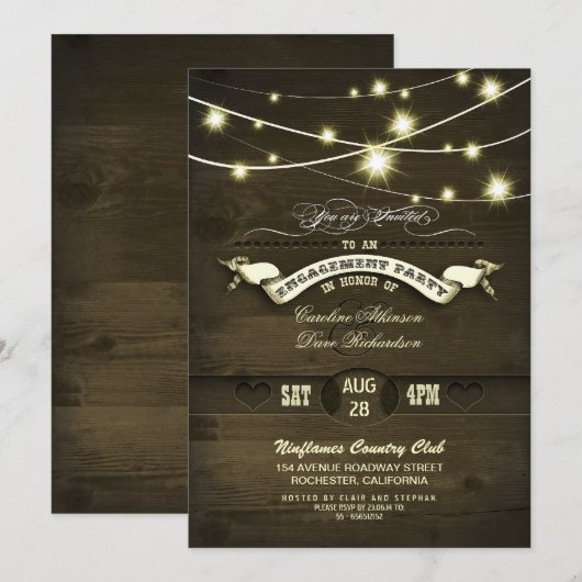 Country Rustic String Lights Wood Engagement Party Kaart (Voorkant / Achterkant)
