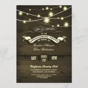 Country Rustic String Lights Wood Engagement Party Kaart
