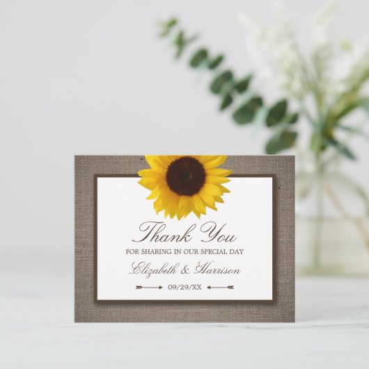 Country Rustic Sunflower & Burlap Dank u Briefkaart (Staand voorkant)