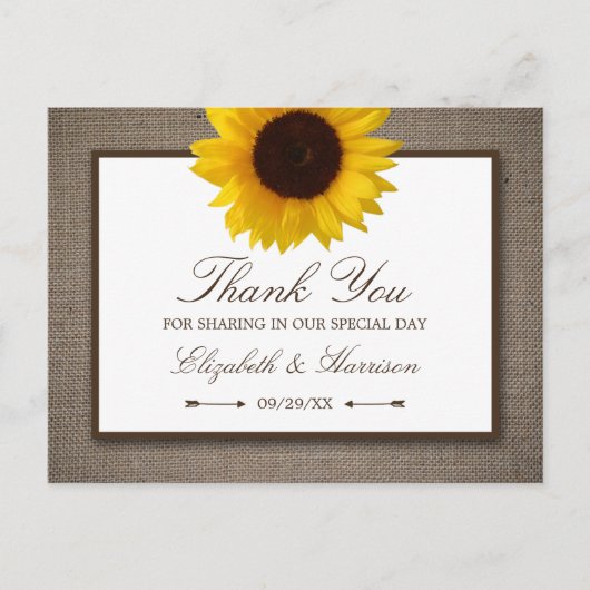 Country Rustic Sunflower & Burlap Dank u Briefkaart (Voorkant)