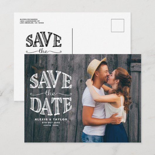 Country Rustic Typography Foto Bewaar de datum Aankondigingskaart (Voorkant / Achterkant)