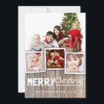 Country Rustic Wood Merry-kerstfotokaart Feestdagenkaart<br><div class="desc">Robuust, weerweende houten achtergrond en een grillige mix van typografie plaatst het podium voor een speelse landvakantiegroet voor familie en vrienden. Met ruimte voor een multi-fotocollage van uw familie, lijsten dit ontwerp drie kleinere foto's en één grote foto met een grens van gesimuleerde houthraan bij de bodem en een kleine...</div>