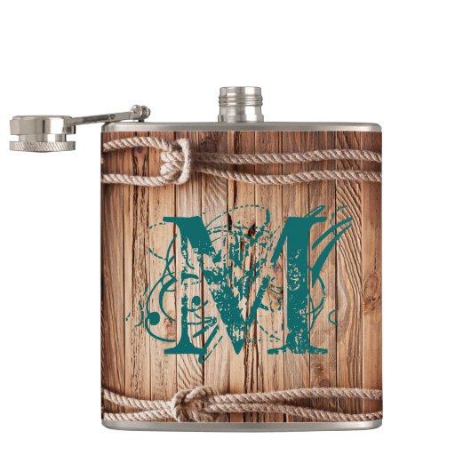 Country Rustic Wood Rope Monogram Whiskey Flask Heupfles (Geopend)