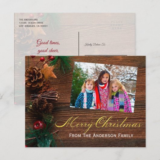 Country Rustic Wood Vrolijke Kerstfoto Feestdagenkaart (Voorkant / Achterkant)