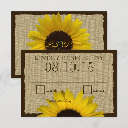Country Rustic Zonnebloem en Burlap Beantwoorden K RSVP Kaartje (Voorkant / Achterkant)