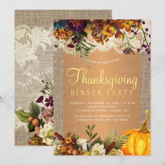 Country rustiek bloemenburlap Thanksgiving diner Kaart (Voorkant / Achterkant)