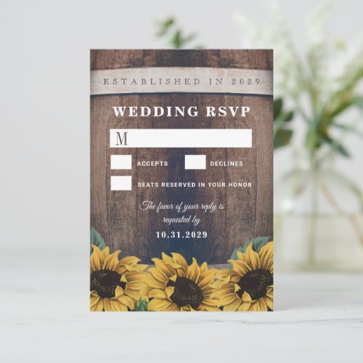 Country Rustieke Barrel Zonnebloem Bruiloft RSVP K (Staand voorkant)