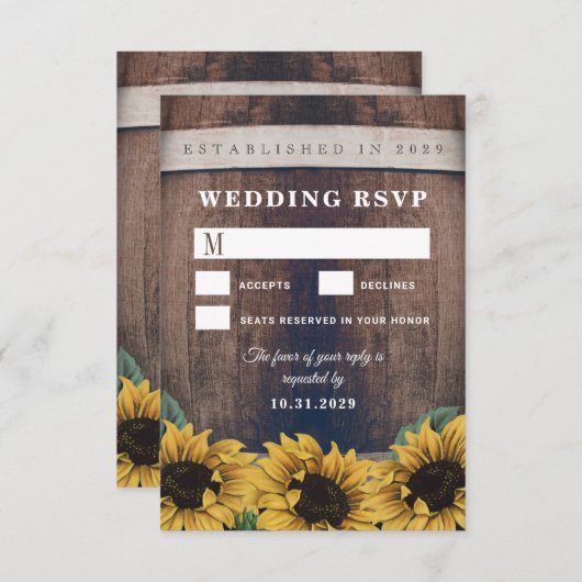 Country Rustieke Barrel Zonnebloem Bruiloft RSVP K (Voorkant / Achterkant)