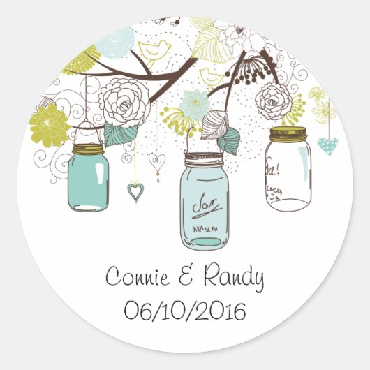 Country Rustieke Blauwe Mason Jar Bruiloft Sticker (Voorkant)