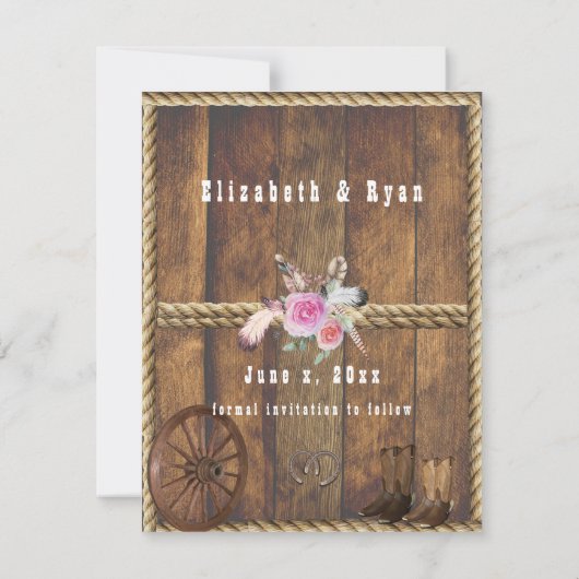 Country Rustieke Bruiloft Rozen Hoefijzers Touw Save The Date (Achterkant)