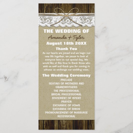 Country Rustieke Burlap en Kant Trouwprogramma's Programmakaart (Voorkant)