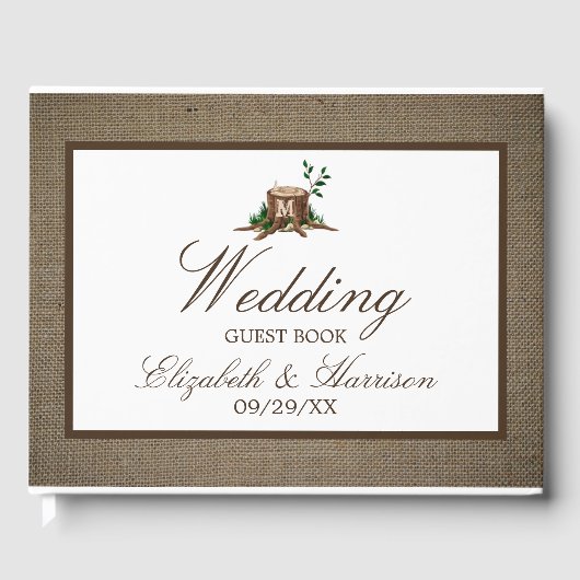 Country Rustieke Burlap Monogram Boom Bruiloft Gastenboek (Voorkant)